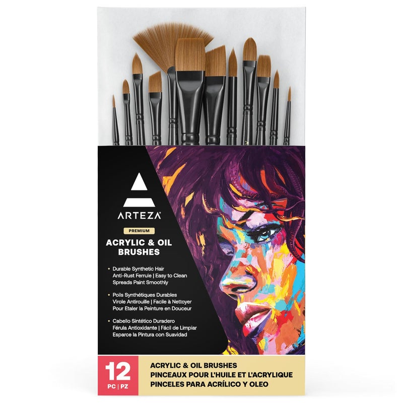 ARTEZA Paint Brushes, Set of 12, Premium Synthetic Brushes with Brass Ferrules & Wooden Handles - Image 1