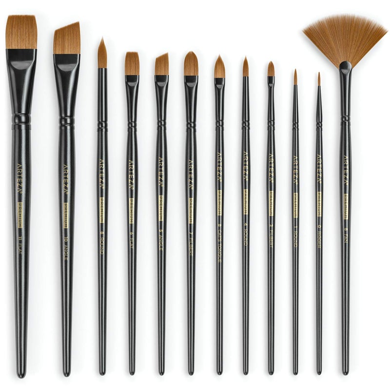 ARTEZA Paint Brushes, Set of 12, Premium Synthetic Brushes with Brass Ferrules & Wooden Handles - Image 2