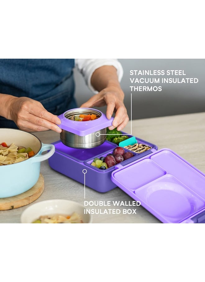 OmieBox Bento Box for Kids  Insulated Bento Lunch Box with Leak Proof Thermos Food Jar  3 Compartments Two Temperature Zones  Purple Plum Single