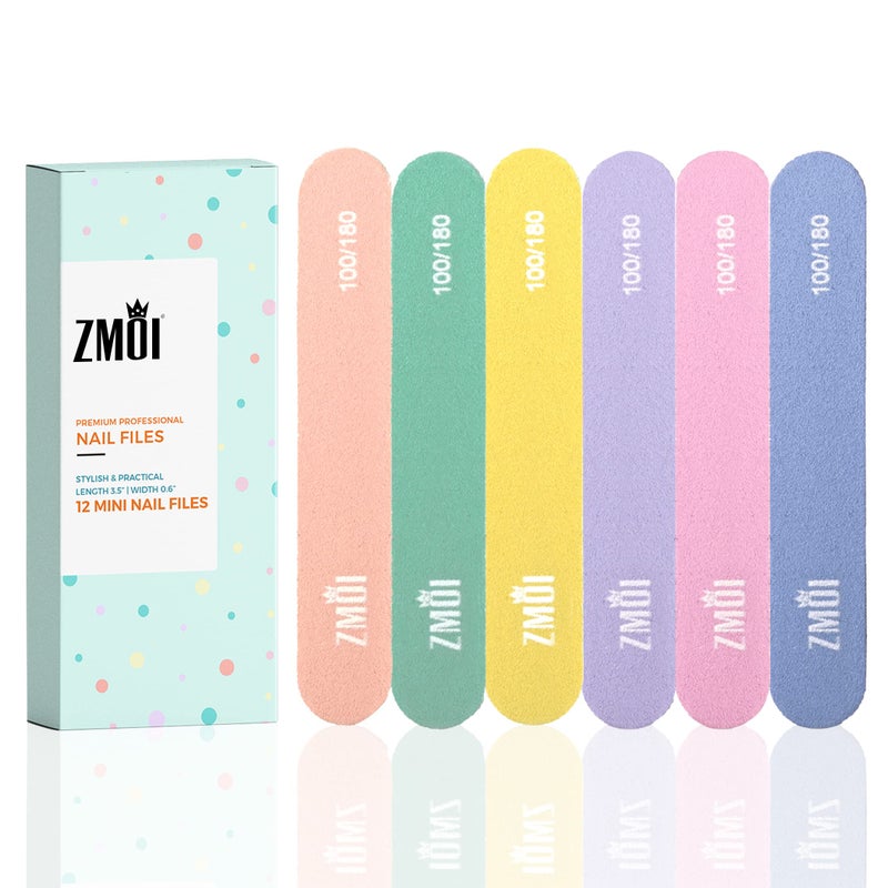 ZMOI Professional Mini Nail File â€“ 12 Stylish - Practical Fingernail File Pack for Natural and Acrylic Nails 100/180 Emery Boards (Macaroon Color) - Image 1