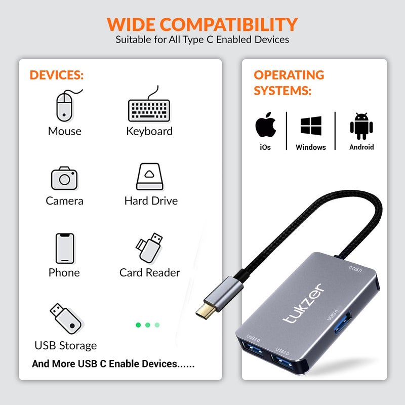 tuKZer 4-in-1 USB C 3.0 HUB, Type C to USB A HUB Splitter Extender, Docking Station, 5Gbps Data Sync Speed, MultiPort Adapter for iOS, MacBook, Windows, Laptop, PC, & Other Type C Enabled Devices - Image 5