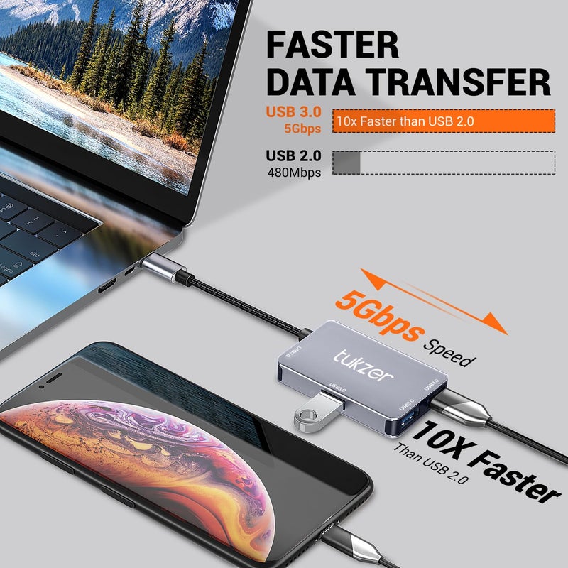 tuKZer 4-in-1 USB C 3.0 HUB, Type C to USB A HUB Splitter Extender, Docking Station, 5Gbps Data Sync Speed, MultiPort Adapter for iOS, MacBook, Windows, Laptop, PC, & Other Type C Enabled Devices - Image 3