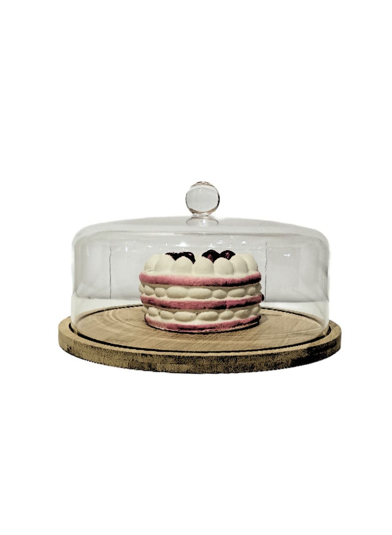 Liying Acrylic Dessert Plate with Base, Wood Cake Tray 22x11cm with Clear Acrylic Cover, Cake Fruit Display Server Tray for Kitchen, Birthday, Wedding, Appetizer Dessert (Round)  - Image 1