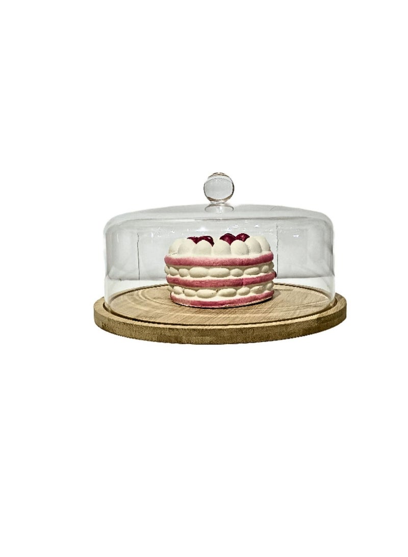 Liying Acrylic Dessert Plate with Base, Wood Cake Tray 22x11cm with Clear Acrylic Cover, Cake Fruit Display Server Tray for Kitchen, Birthday, Wedding, Appetizer Dessert (Round)  - Image 4