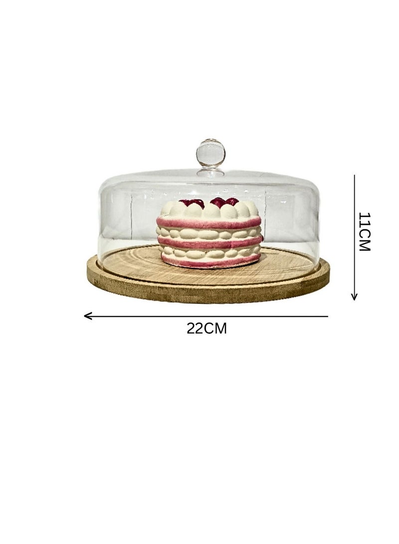 Liying Acrylic Dessert Plate with Base, Wood Cake Tray 22x11cm with Clear Acrylic Cover, Cake Fruit Display Server Tray for Kitchen, Birthday, Wedding, Appetizer Dessert (Round)  - Image 3