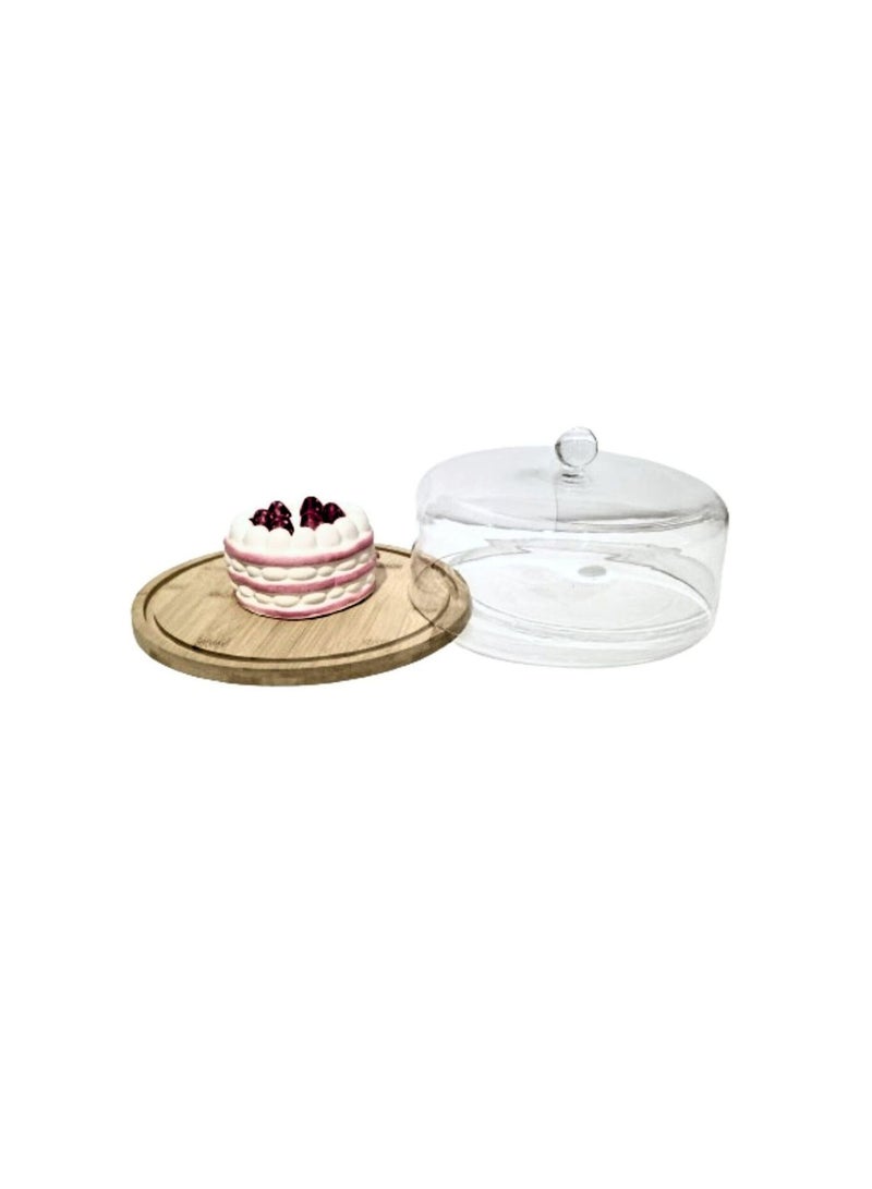 Liying Acrylic Dessert Plate with Base, Wood Cake Tray 22x11cm with Clear Acrylic Cover, Cake Fruit Display Server Tray for Kitchen, Birthday, Wedding, Appetizer Dessert (Round)  - Image 2
