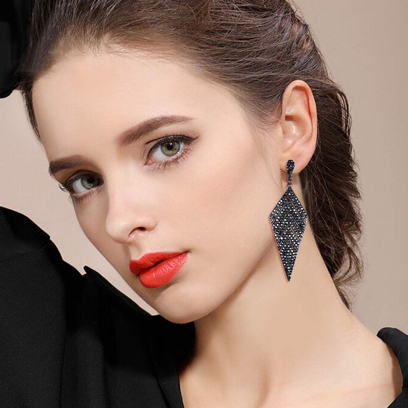 EVER FAITH Women's Crystal Elegant Vintage Banquet Rhombus Dangle Pierced Earrings Grey Black-Tone - Image 2