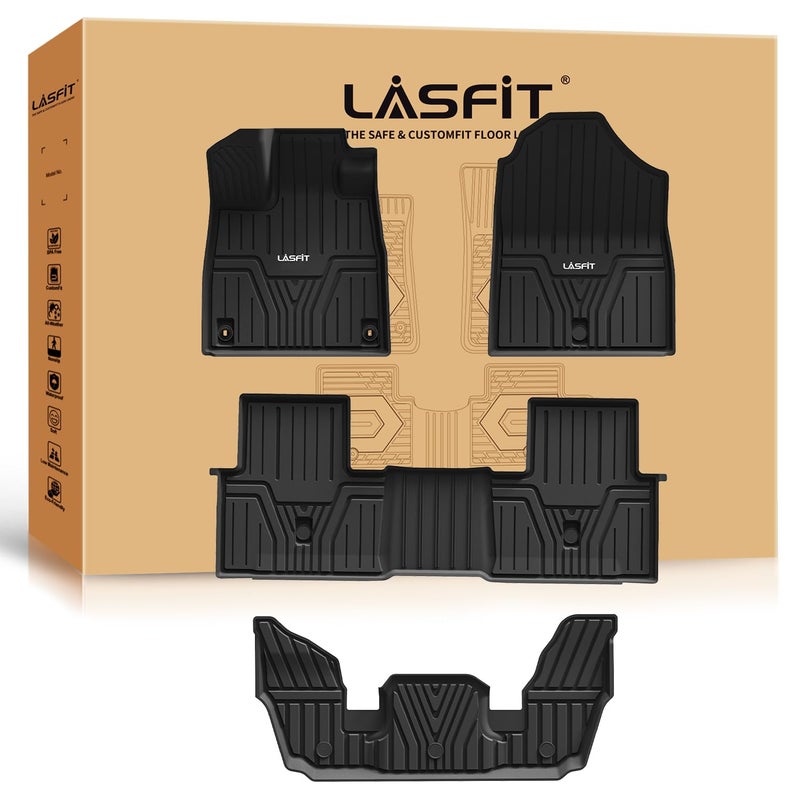 حصائر أرضية LASFIT لهوندا بايلوت 2023 2024 2025 78 مقعد جميع الأحوال الجوية ملائمة مخصصة TPE عديمة الرائحة مضادة للانزلاق بطانة أرضية الصف الأول والثاني والثالث باللون الأسود
