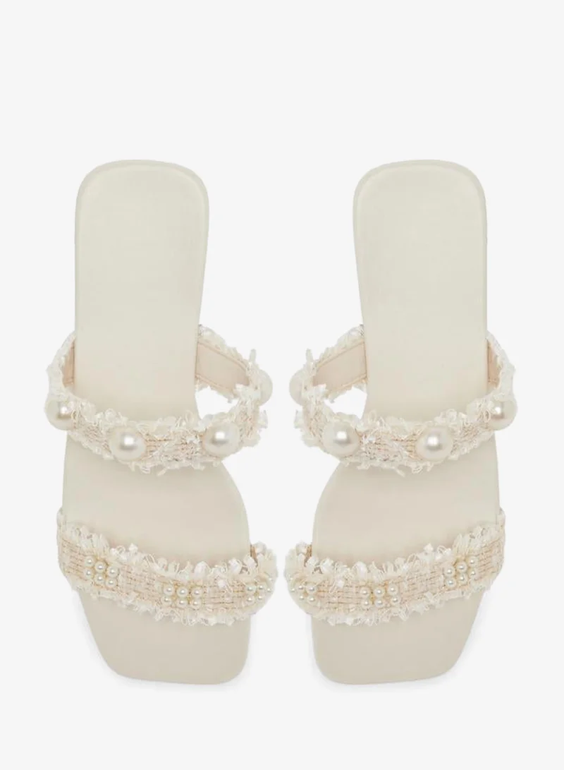 Take Two  Beige Pearl Embellished Slides for Women | Best Price UAE