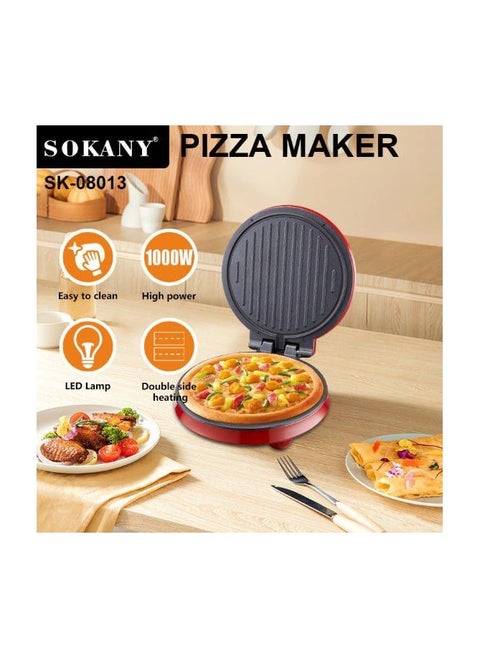 Sokany 1000W Pizza Maker, Pies and Bread Grill SK_08013 Double Sided with Temperature Control, Foldable and Smokeless, Auto Shut-Off Grill Machine, Non-Stick Coating. Red