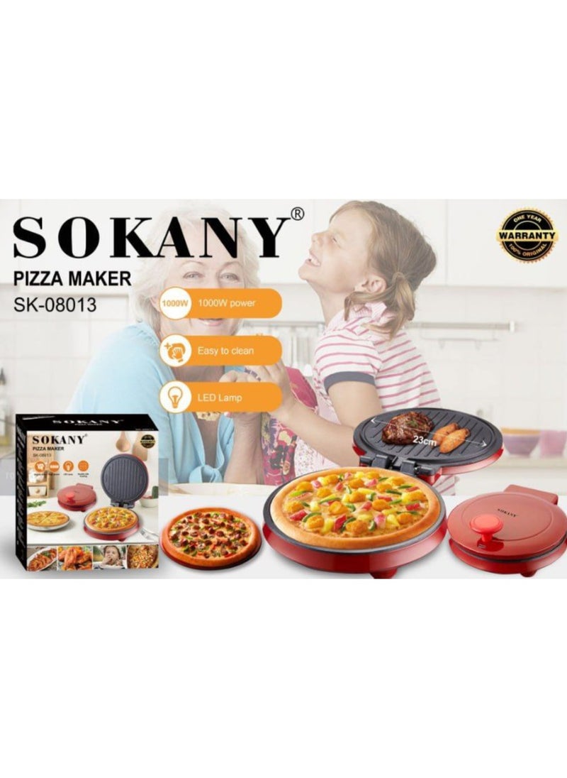 sokany - Sokany 1000W Pizza Maker, Pies and Bread Grill SK_08013 Double Sided with Temperature Control, Foldable and Smokeless, Auto Shut-Off Grill Machine, Non-Stick Coating. Red - Image 1