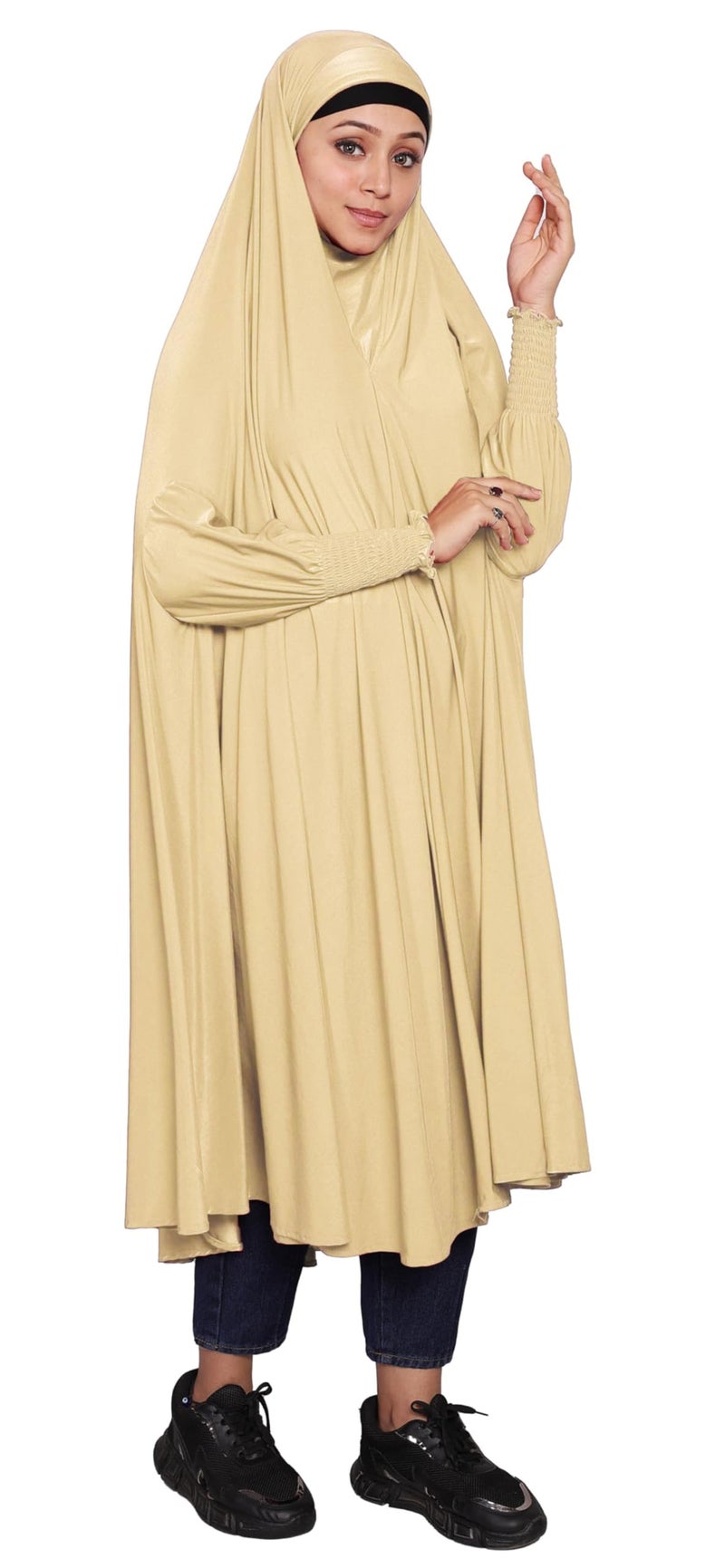 ICW Women Stretchable Jersey Smoking Sleeve Jilbab Cum Prayer khimar Hijab (Free Size) 60 Inch (BEIGE) - Image 5