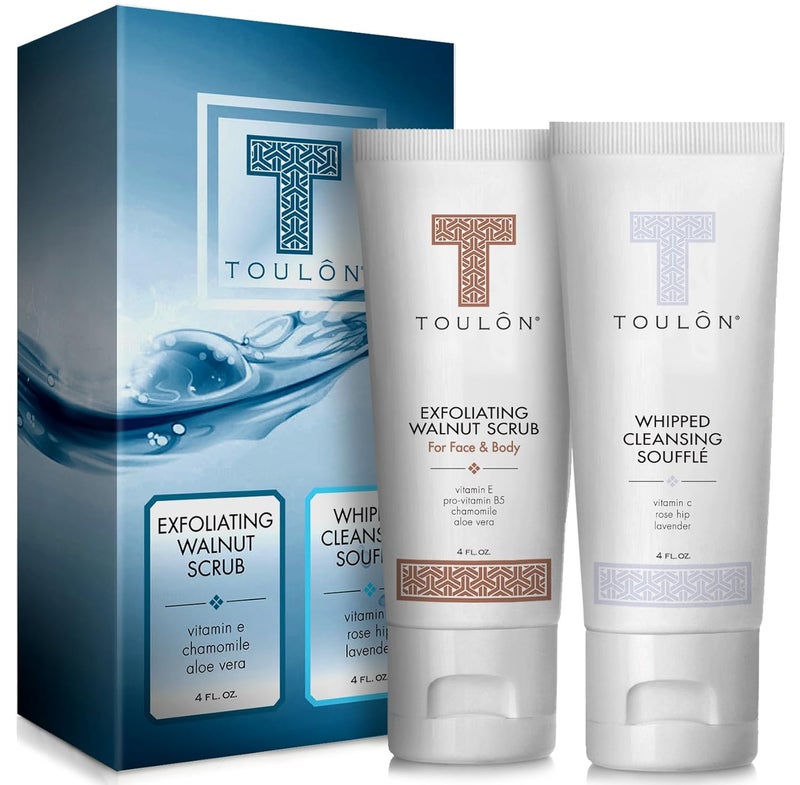 TOULON Exfoliating Scrub Set  Body Scrub Set  Skin Care Gift Set for Women  Men  Natural Spa Bath and Shower Kit with Exfoliating Walnut Body  Face Scrub  Anti Aging Face Cleanser for Gentle Face Wash