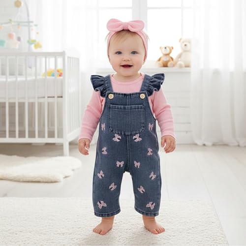 FOCICI 36 Month Girl Clothes Baby Romper Infant Jeans Adjustable Suspender Overalls Cute Headband 3Pcs Fall Winter Outfits Set Pink - Image 3