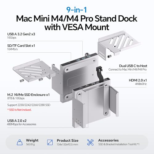PULWTOP Mac mini M4 Dock & Stand with M.2 NVMe 8TB SSD Enclosure, Macmini M4 Hub with HDMI 4K 60Hz, 3 USB-A 10Gbps for Mac mini M4/M4 Pro 2024, Metal Bracket Holder for Monitor, Desk and VESA Port - Image 2