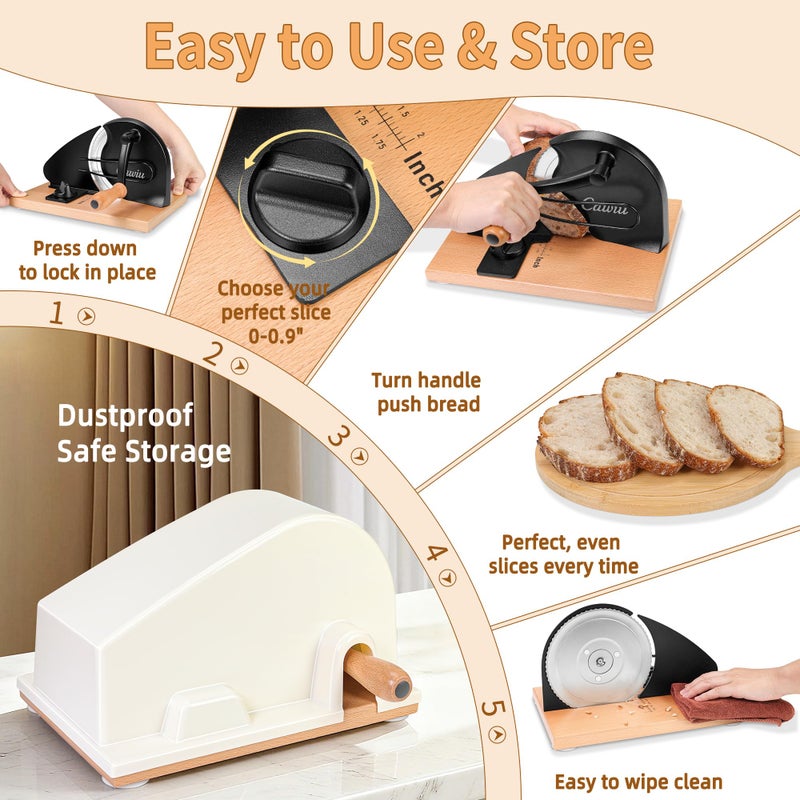 CAWIU Upgraded Manual Bread Slicer for Homemade Sourdough Bread - Adjustable Thickness Bread Cutter with Hand Crank, Suction Cups, Slicing Guide, Scale Line & Cover, for Perfect Even Slices (Black) - Image 5