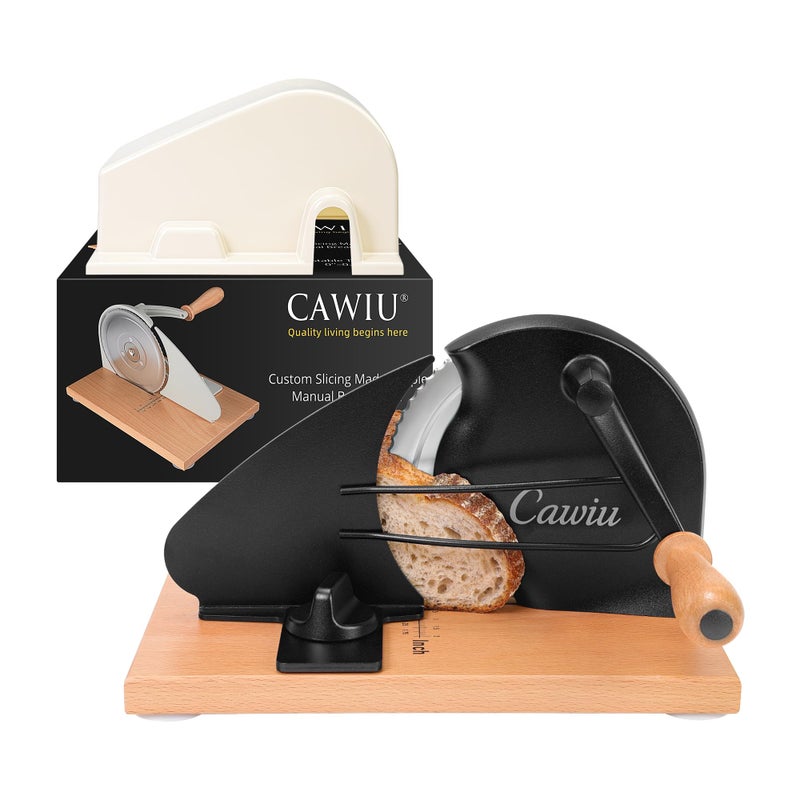 CAWIU Upgraded Manual Bread Slicer for Homemade Sourdough Bread - Adjustable Thickness Bread Cutter with Hand Crank, Suction Cups, Slicing Guide, Scale Line & Cover, for Perfect Even Slices (Black) - Image 1