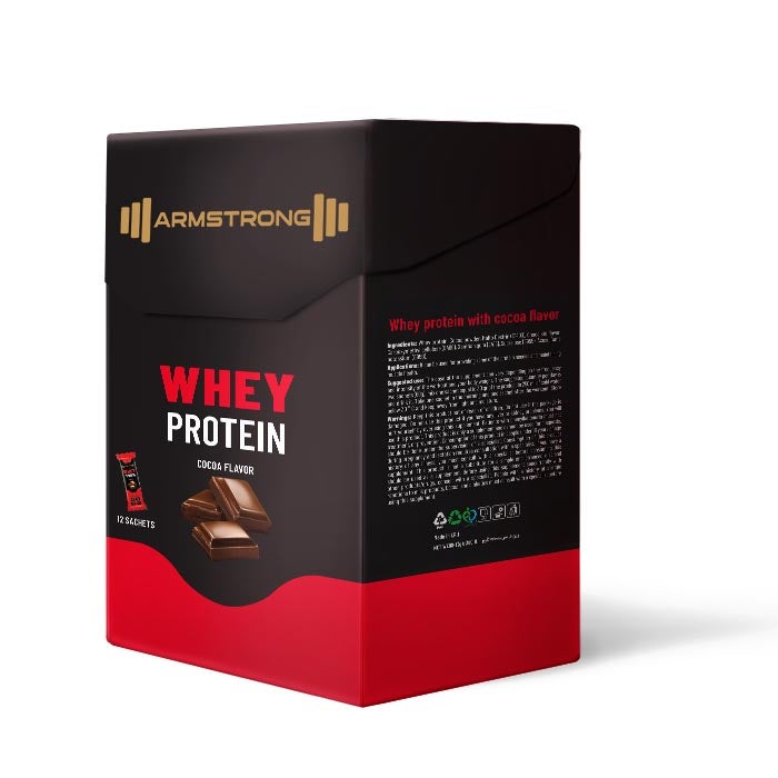 Armstrong Whey Protein Cocoa Flavor – 12 Sachets – High Protein Drink Mix for Muscle Recovery & Strength – Convenient Single-Serve Packets – Rich Chocolate Taste