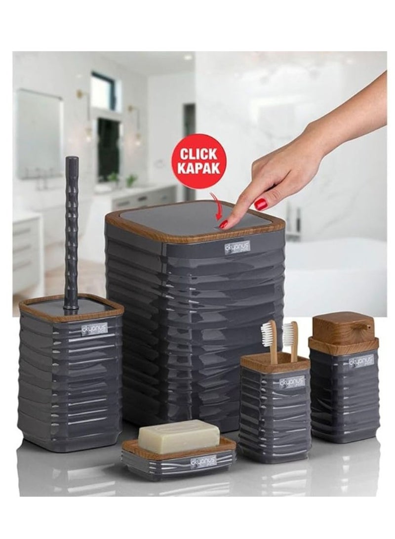 Luna Square 5 Piece Bathroom Set Soap Dish Soap Dispenser Trash Can Toilet Brush And Holder Toothbrush Holder Wooden Lid -Grey - Image 2