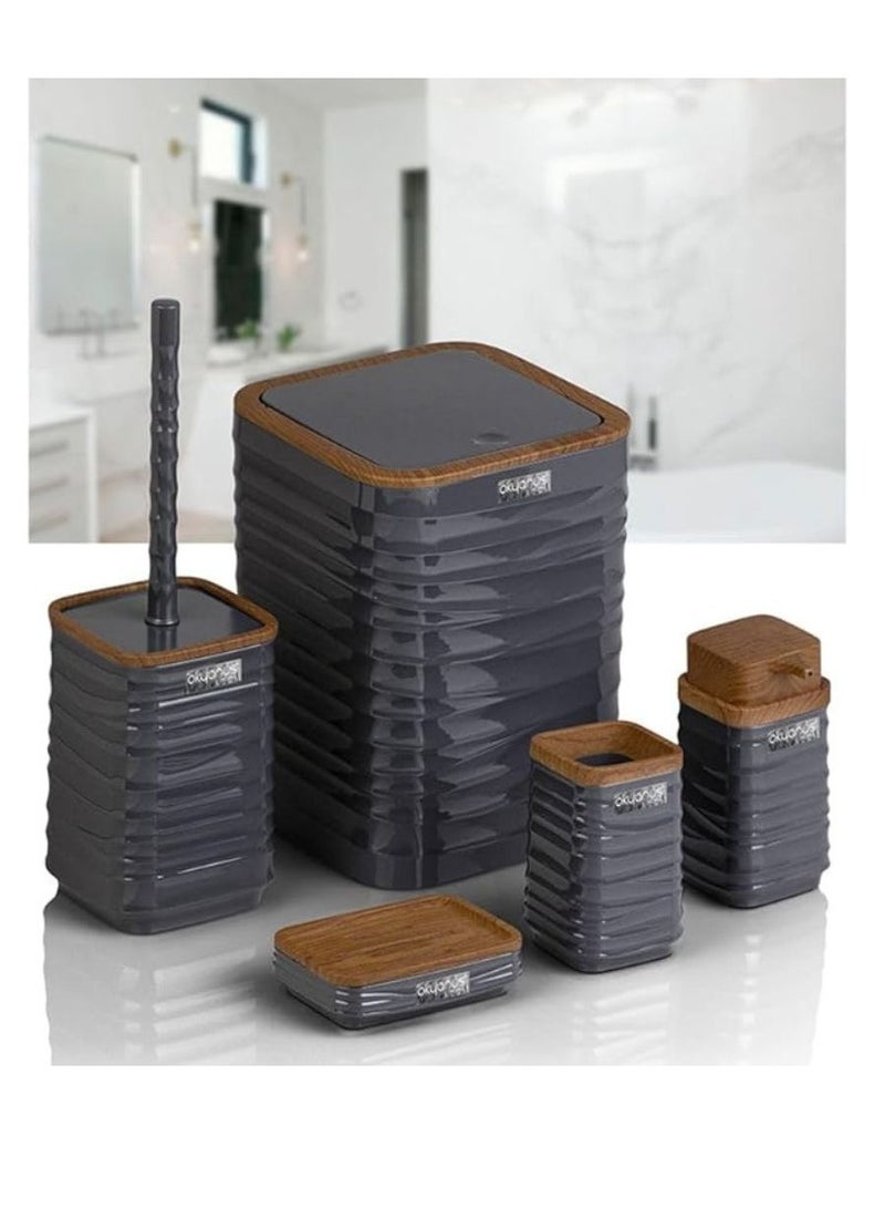 Luna Square 5 Piece Bathroom Set Soap Dish Soap Dispenser Trash Can Toilet Brush And Holder Toothbrush Holder Wooden Lid -Grey - Image 1