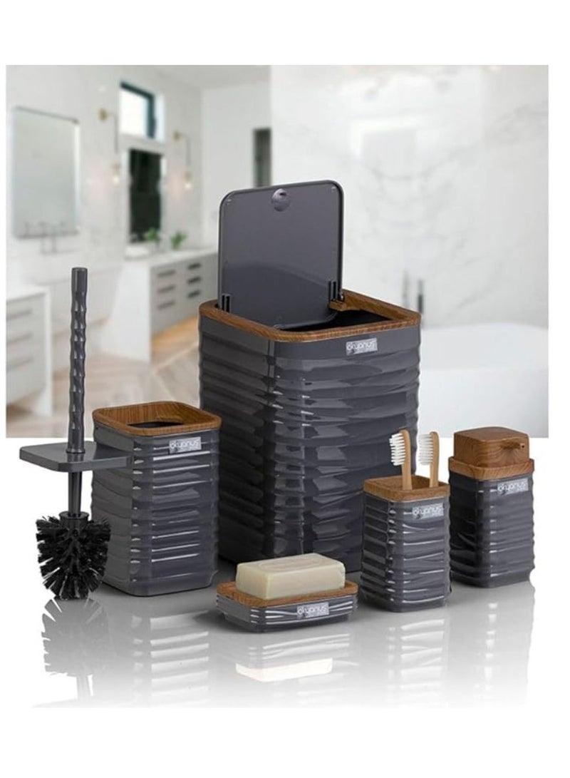 Luna Square 5 Piece Bathroom Set Soap Dish Soap Dispenser Trash Can Toilet Brush And Holder Toothbrush Holder Wooden Lid -Grey - Image 3