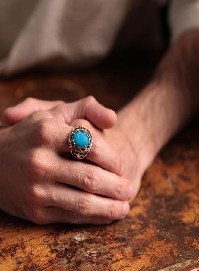 Alpha Rock Genuine Solid 925 Sterling Silver Accented with Bronze and Stone, Authentic Vintage Turkish Ottoman Style Ring for Men, Sterling Silver, simulated turquoise - Image 2