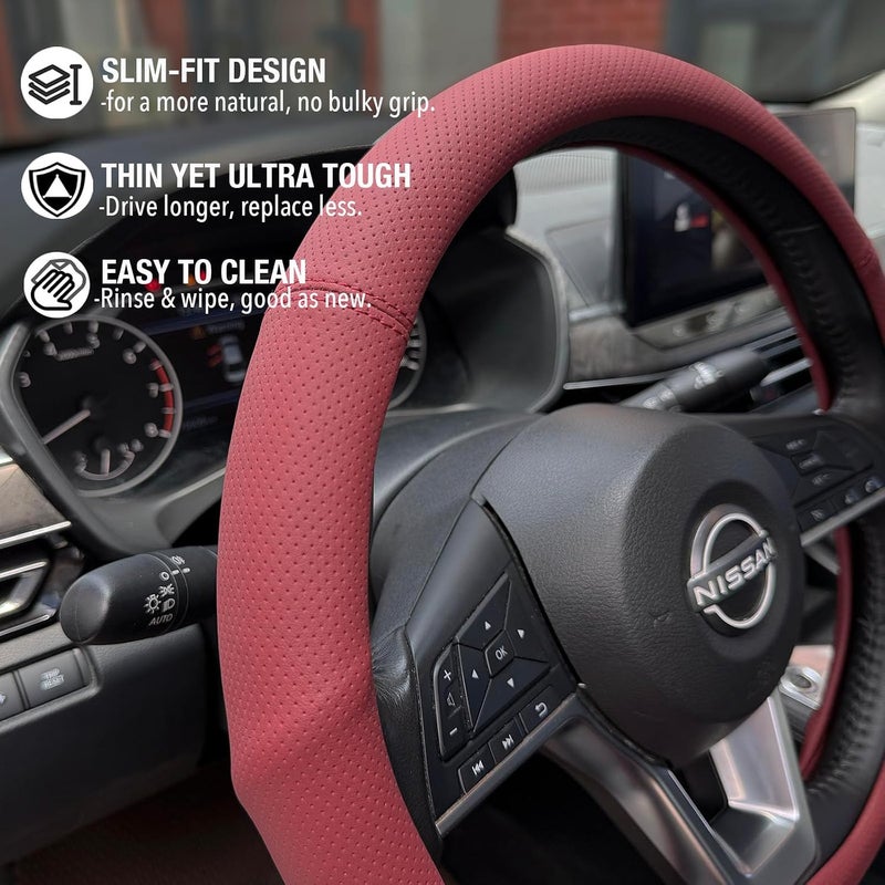 PINCTROT D Shaped Nappa Leather Steering Wheel Cover with Ergonomic Palm Support Grip, Full Perforated Breathable, Slim Fit No Bulk Design, Flat Bottom 14.5-15 Inch (Burgundy Red) - Image 3