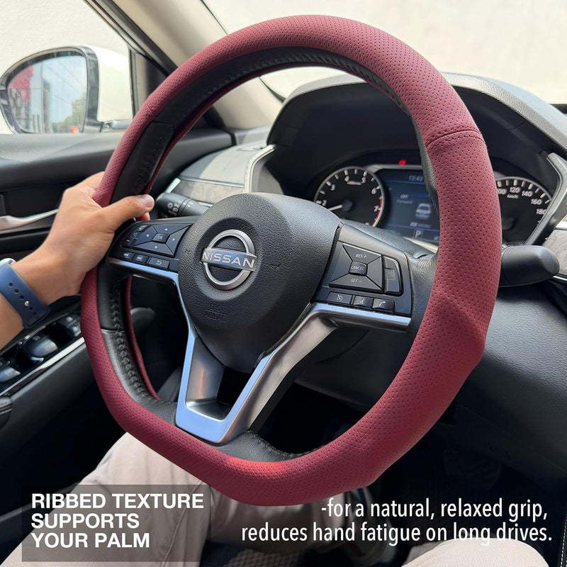PINCTROT D Shaped Nappa Leather Steering Wheel Cover with Ergonomic Palm Support Grip, Full Perforated Breathable, Slim Fit No Bulk Design, Flat Bottom 14.5-15 Inch (Burgundy Red) - Image 2