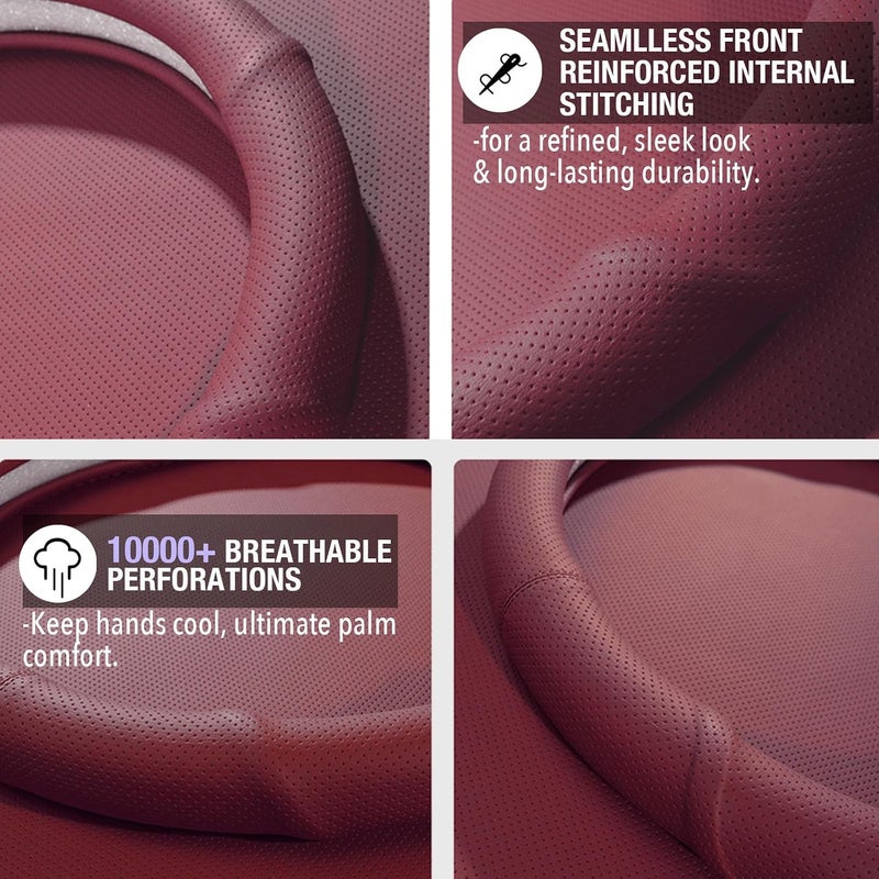 PINCTROT D Shaped Nappa Leather Steering Wheel Cover with Ergonomic Palm Support Grip, Full Perforated Breathable, Slim Fit No Bulk Design, Flat Bottom 14.5-15 Inch (Burgundy Red) - Image 4