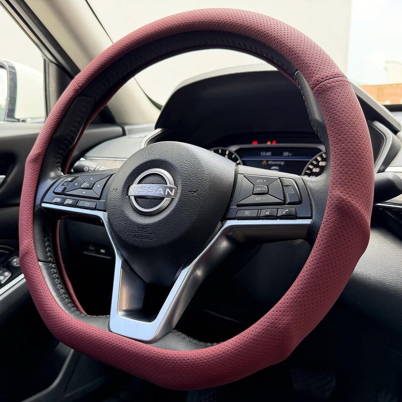 PINCTROT D Shaped Nappa Leather Steering Wheel Cover with Ergonomic Palm Support Grip, Full Perforated Breathable, Slim Fit No Bulk Design, Flat Bottom 14.5-15 Inch (Burgundy Red) - Image 1