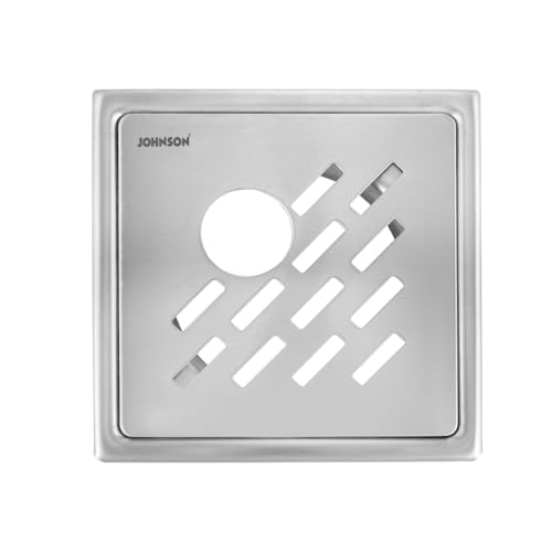 Johnson Bathrooms Johnson Viva 6x6 Inch Square Floor Drain Cover with Hole | SS304 Stainless Steel Bathroom Jali | Anti-Rust Matt/Satin Finish Floor Trap | Anti-Clog Drain with Cockroach Trap | 2 Year Warranty - Image 1