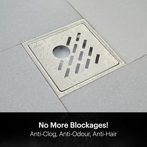 Johnson Bathrooms Johnson Viva 6x6 Inch Square Floor Drain Cover with Hole | SS304 Stainless Steel Bathroom Jali | Anti-Rust Matt/Satin Finish Floor Trap | Anti-Clog Drain with Cockroach Trap | 2 Year Warranty - Image 2