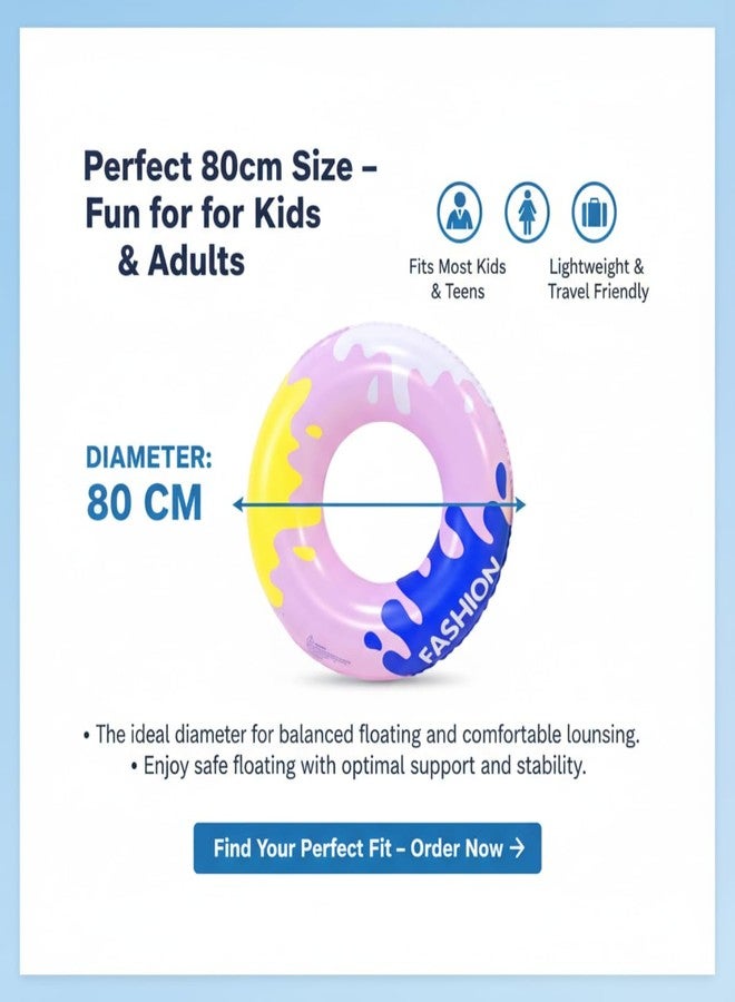 Kevim Inflatable Pool Swim Ring for Kids & Adults, 80cm Pink Water Float Tube with Colorful Splash Design, Durable PVC - Pink - Image 2