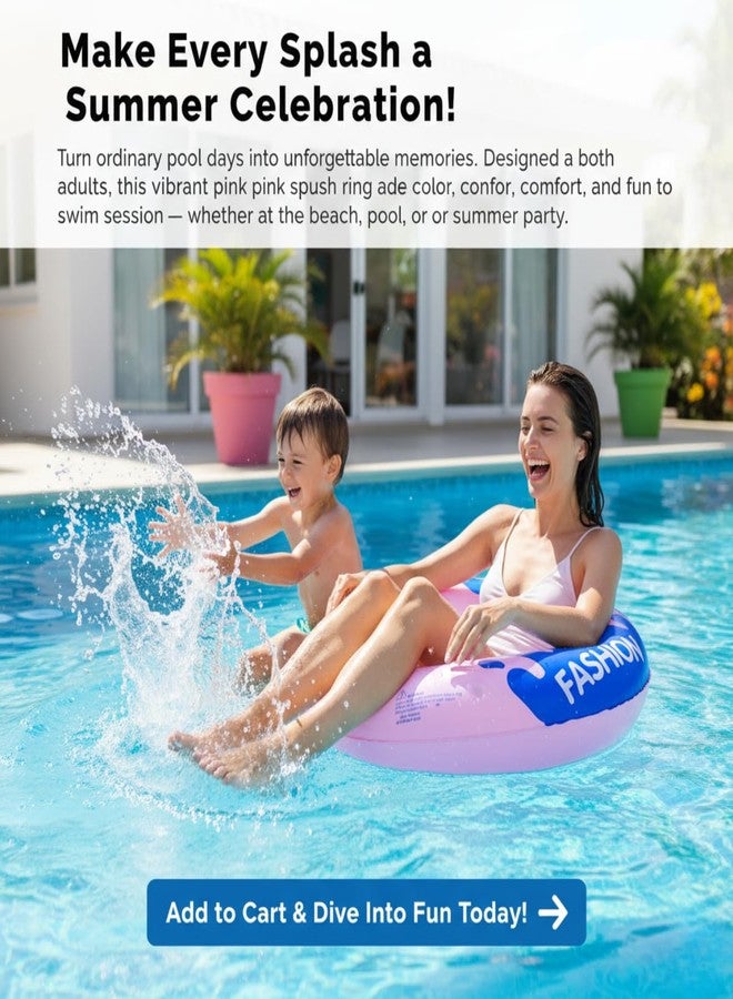 Kevim Inflatable Pool Swim Ring for Kids & Adults, 80cm Pink Water Float Tube with Colorful Splash Design, Durable PVC - Pink - Image 5