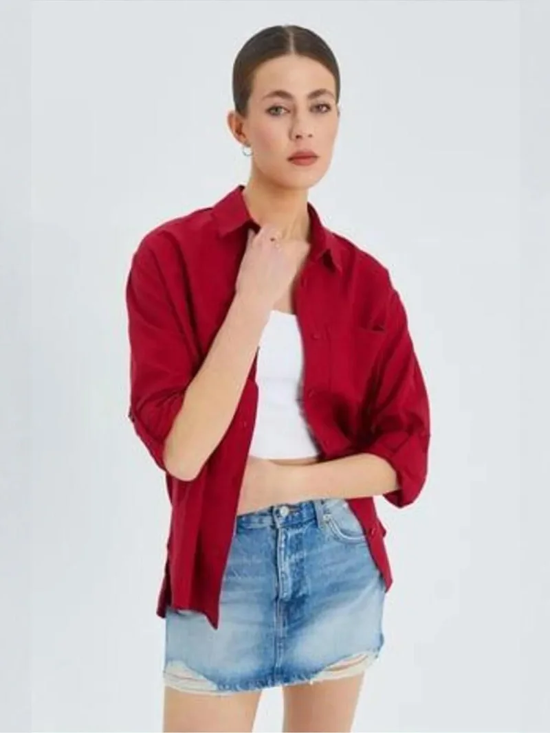 MixRay Burgundy Red Mixray Long Sleeve Button-Up Shirt with Pocket for Women | Best Price UAE