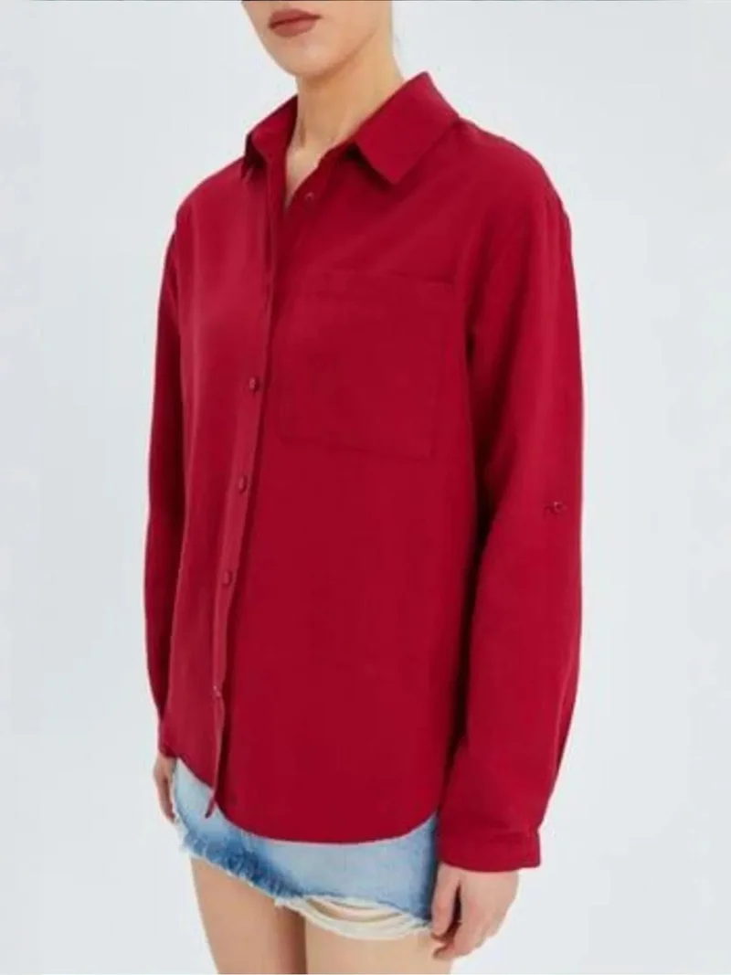 MixRay Burgundy Red Mixray Long Sleeve Button-Up Shirt with Pocket for Women | Best Price UAE