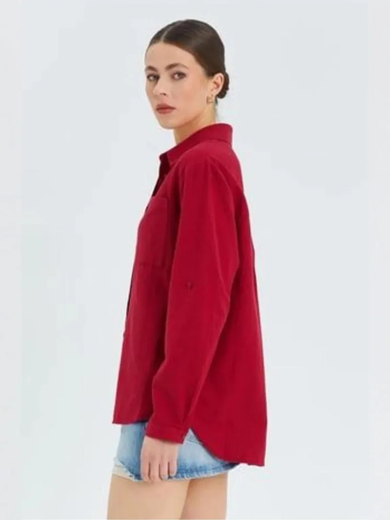 Mixray Burgundy Red Mixray Long Sleeve Button-Up Shirt with Pocket for Women | Best Price UAE