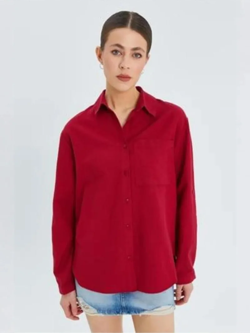 Mixray Burgundy Red Mixray Long Sleeve Button-Up Shirt with Pocket for Women | Best Price UAE