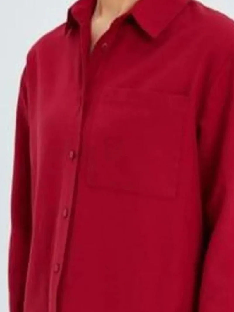 Mixray Burgundy Red Mixray Long Sleeve Button-Up Shirt with Pocket for Women | Best Price UAE