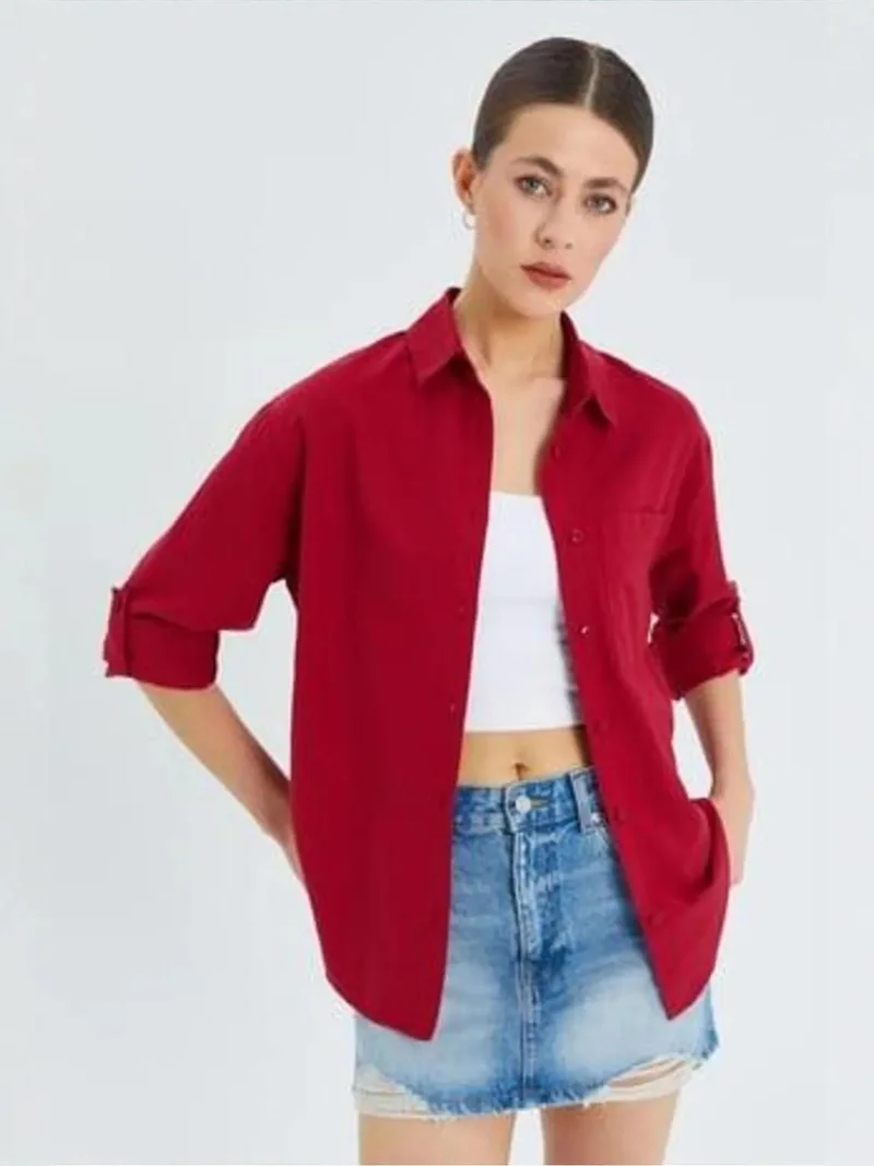 Mixray Burgundy Red Mixray Long Sleeve Button-Up Shirt with Pocket for Women | Best Price UAE