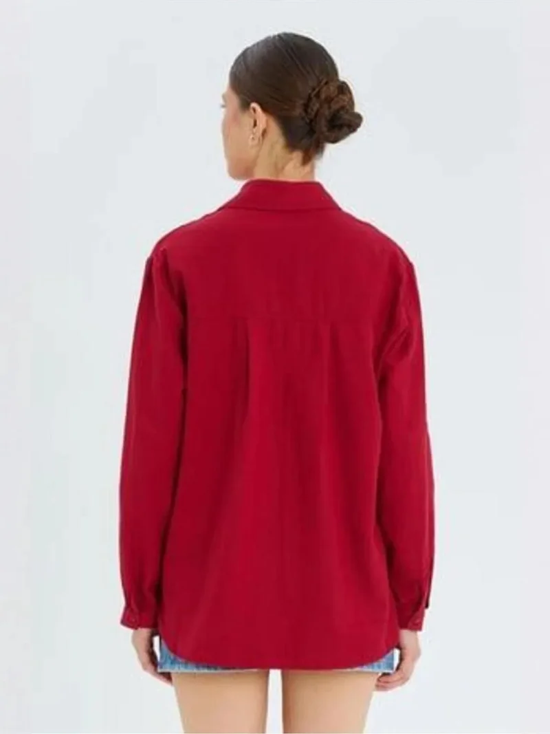 Mixray Burgundy Red Mixray Long Sleeve Button-Up Shirt with Pocket for Women | Best Price UAE