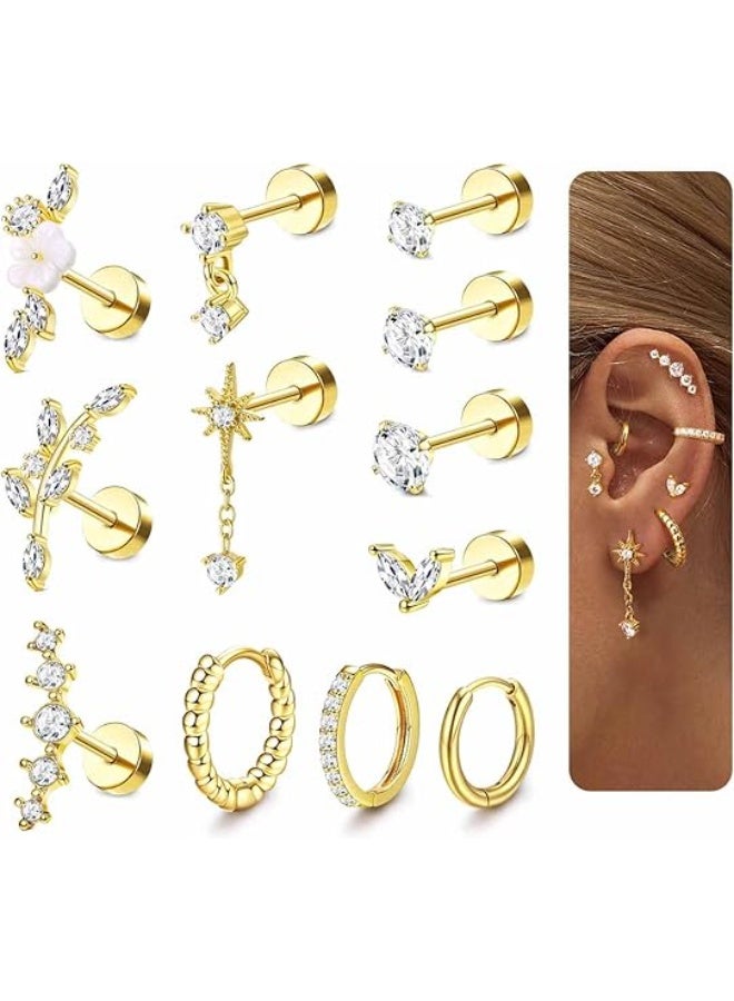 Relex Cartilage Earrings for Women Flat Back-Hypoallergenic Surgical Stainless Steel Stud Hoop Cartilage Earring Set Daith Conch Tragus Helix Piercing Jewelry Single PC - Image 1