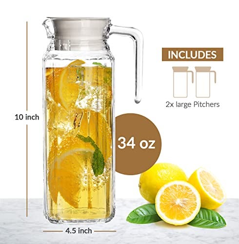 Marbelous Glass Pitcher with Lid – Set of 2 34Oz Glass Water Pitcher – Cold Water Carafe For Ice Tea, Lemonade, Coffee – Elegant and Modern – Practical Spout Pitchers for Drinks - Image 2