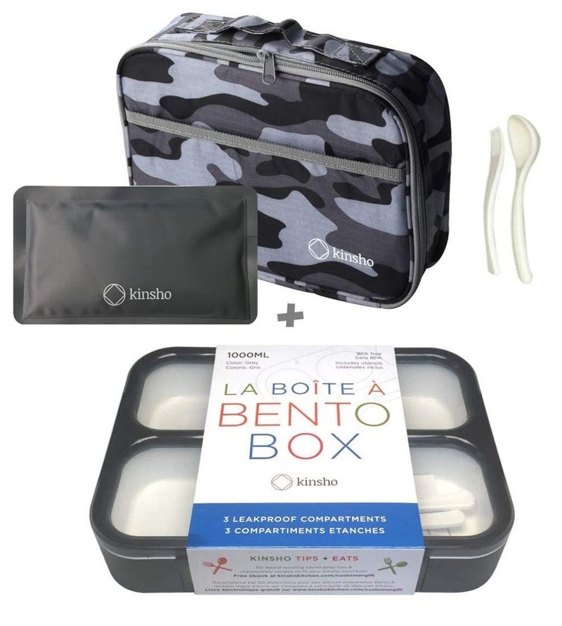 kinsho Bento Box with Insulated Lunch Bag and Ice Pack for Kids Container for Adults Snacks and Lunches 3 Compartments Leakproof Portion Boxes Japanese Style for School or Work Grey  Black
