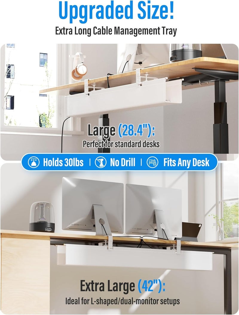 Cinati [Upgraded] Large Under Desk Cable Management Tray, Cinati Cable Management Under Desk No Drill, 42" Fabric Cord Hider for Wire Organizer, Cord Organizer for Office, Home - Supports Up to 30lbs White - Image 4
