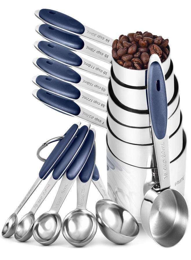 U-Taste Measuring Cups and Spoons: Food Grade 18/8 Stainless Steel 12 Pieces Metal Stacking Kitchen Baking Cooking Measure Set with Strengthened Weld Joints (Midnight Blue, Upgraded Version) - Image 1