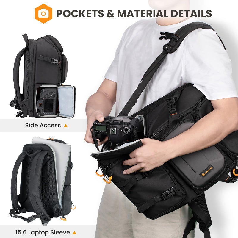 TARION 15L Camera Backpack Large Camera Bag with 15.6" Laptop Compartment & Side Access & Waterproof Raincover Outdoor Photography Hiking Travel Professional DSLR Backpack for Photographers(PBL) - Image 3
