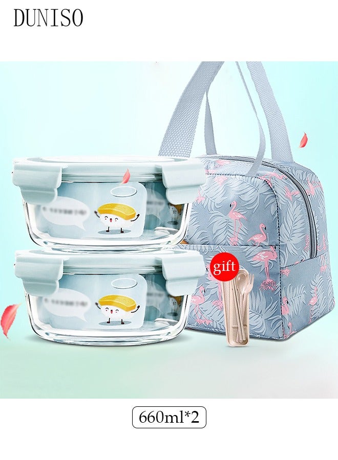 DUNISO 2 Pieces 1040ml Portable Glass Round Lunch Boxes with insulation bag, Microwave Glass Kitchen Preparation Containers, Durable Lockable Fresh-Keeping Boxes, With Insulated Bag Tableware Suitable For Children And Adults,Light Blue - Image 1