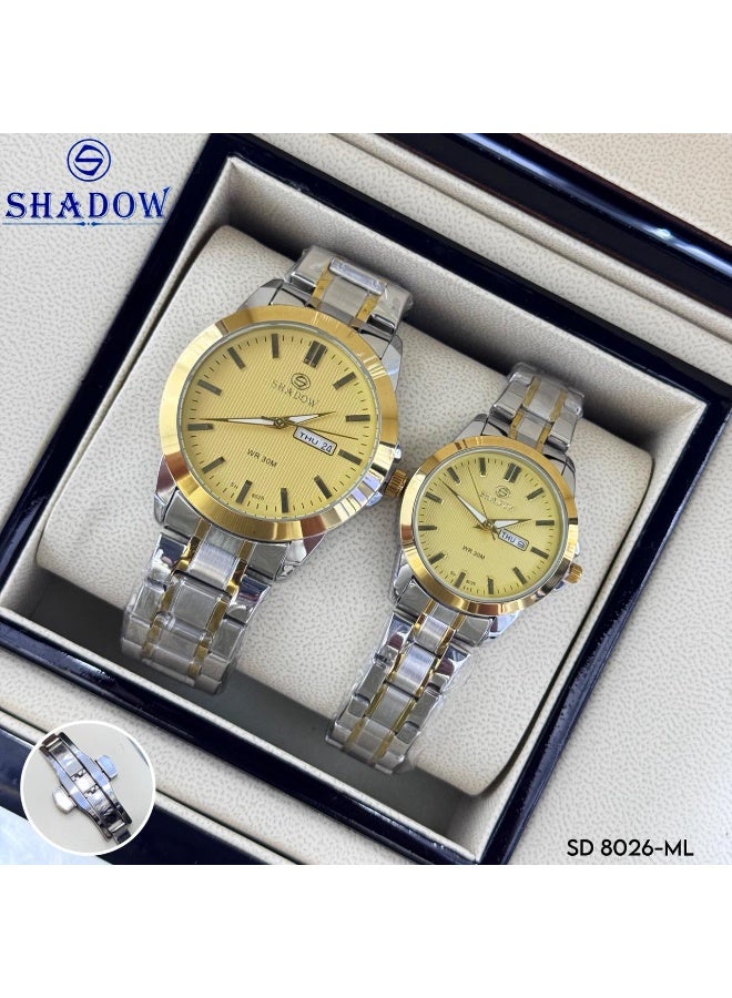 شادو طقم ساعات زوجية شادو فاخرة - وظيفة اليوم والتاريخ (عربي / إنجليزي) - تصميم كلاسيكي متناسق - Image 2