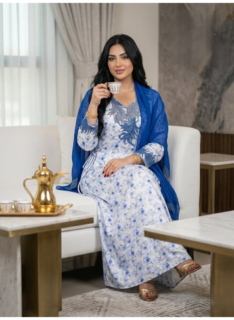 BHNS Ready-made embroidered abayas 2026 with embroidered headscarf, new Gulf-style abayas, two-piece elegant women's abayas for girls, trendy soft silk abayas, women's shirts for girls, Saudi, Kuwaiti, Emirati, abayas for Eid and special occasions, abayas for Eid and special occasions, luxurious abayas for special occasions, royal, suitable as gifts, Qarqee'an dress for women (jalabiyas - women's shirts) - Image 3